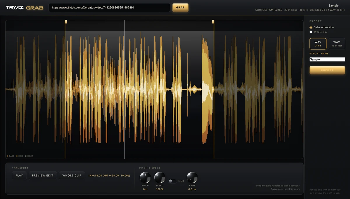 TRYKZ GRAB with a TikTok clip loaded, a gold waveform, an in and out selection, and Pitch, Speed and Link controls