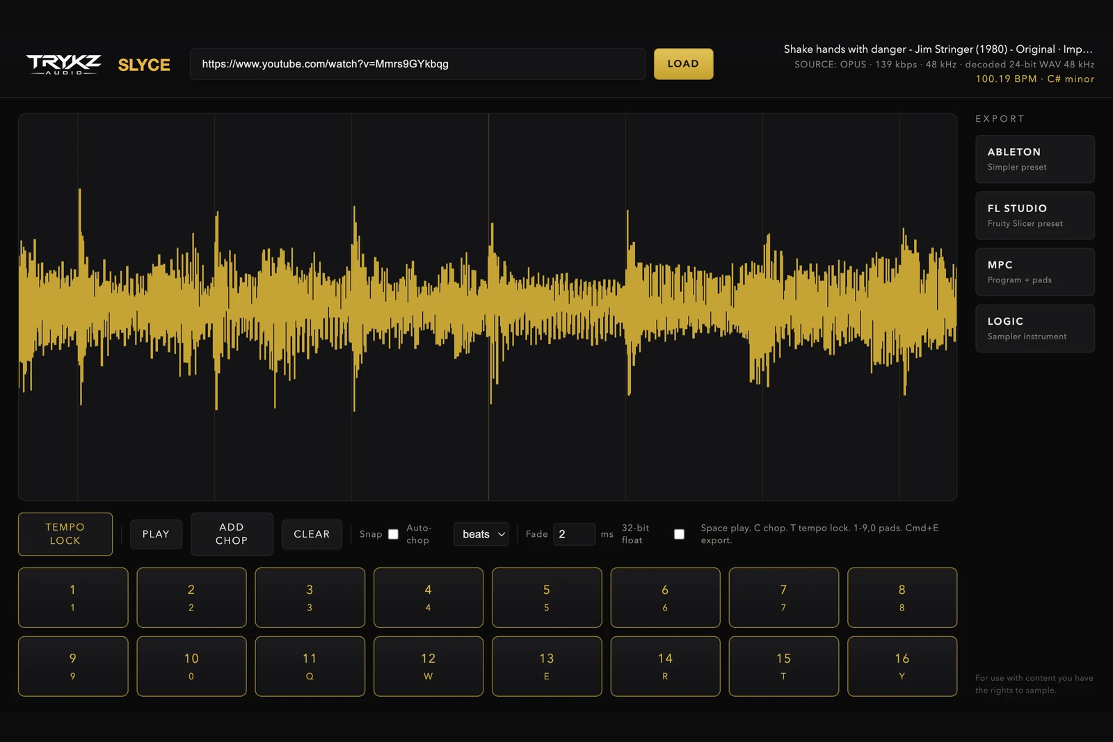 An uneven, creative chop pattern in TRYKZ SLYCE: tight clusters of chop markers and longer phrases across a zoomed-in waveform