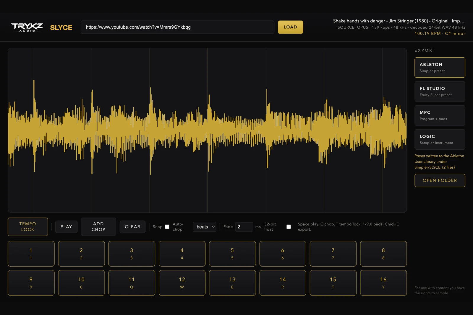 TRYKZ SLYCE after a one-click export to Ableton Live, chops mapped across sixteen pads