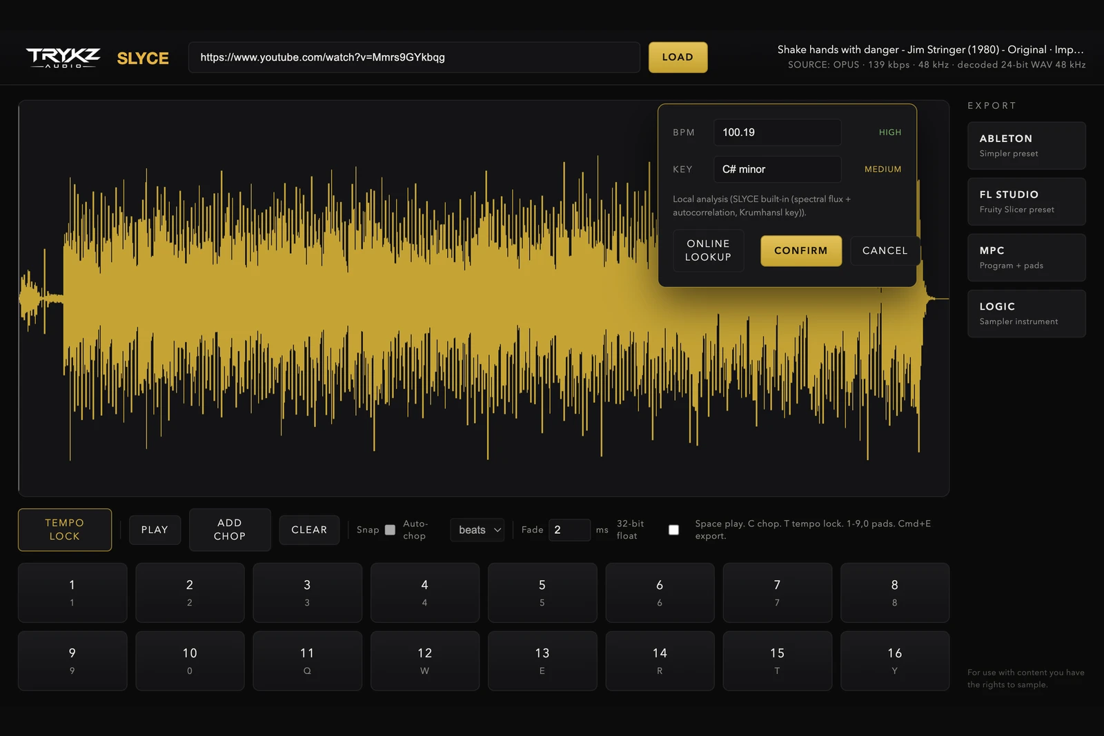 The TEMPO LOCK panel in TRYKZ SLYCE showing detected BPM and key with confidence ratings and an online lookup option