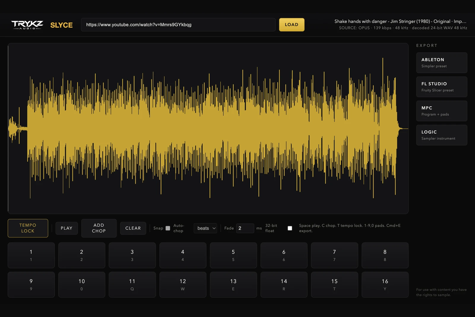 A YouTube link loaded in TRYKZ SLYCE showing the true source quality readout: OPUS 163 kbps decoded to 24-bit WAV