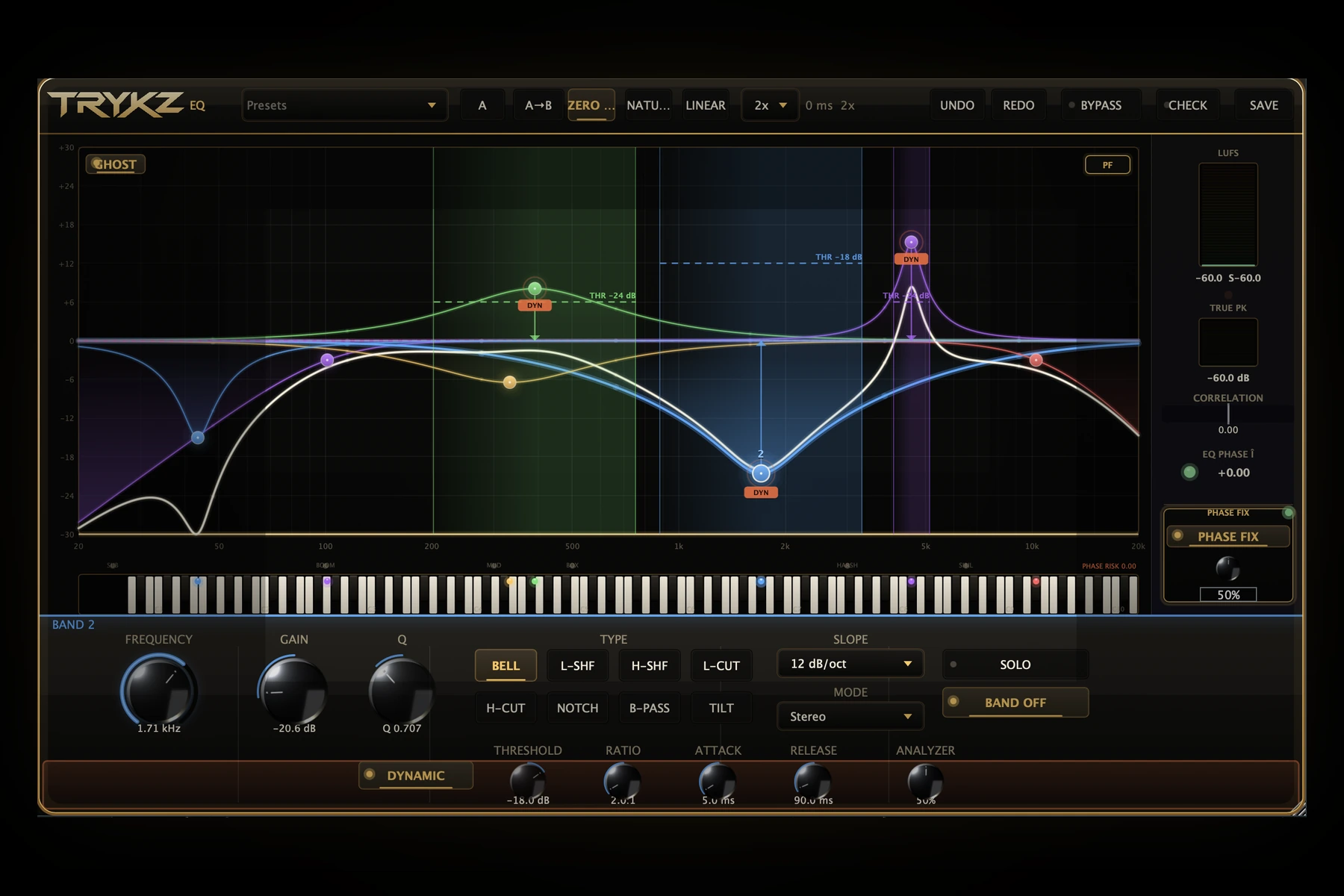 TRYKZ EQ plugin interface, the next evolution of equalization, featuring dynamic EQ, mid/side processing, phase fix, elite analyzer, zero/natural/linear phase modes, and oversampling