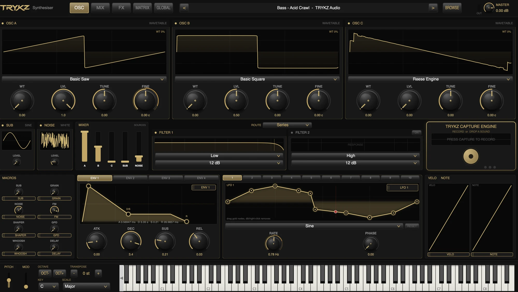 TRYKZ SYNTHESISER wavetable bass synth plugin interface for Mac, with three oscillators, wavetable displays, filters, the voice-to-synth capture engine and a playable keyboard
